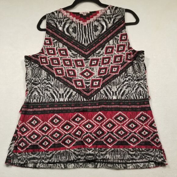 Chicos 2 (Lg) Top Red Aztec Print Tank Scoop Neck Tiered Front Gauze Western - Picture 4 of 5